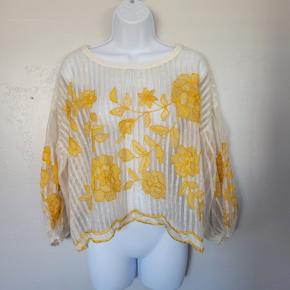 bohme Tops - Bohme Medium Cream Ivory Sheer Blouse Golden Yellow Floral Embroidery Loose Fit